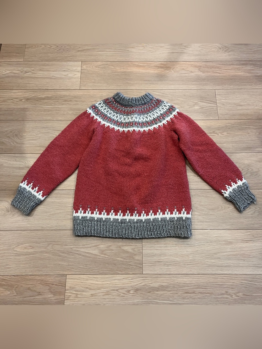 Handknit 100% Wool Fair Isle Nordic Sweater Red Grey Cream